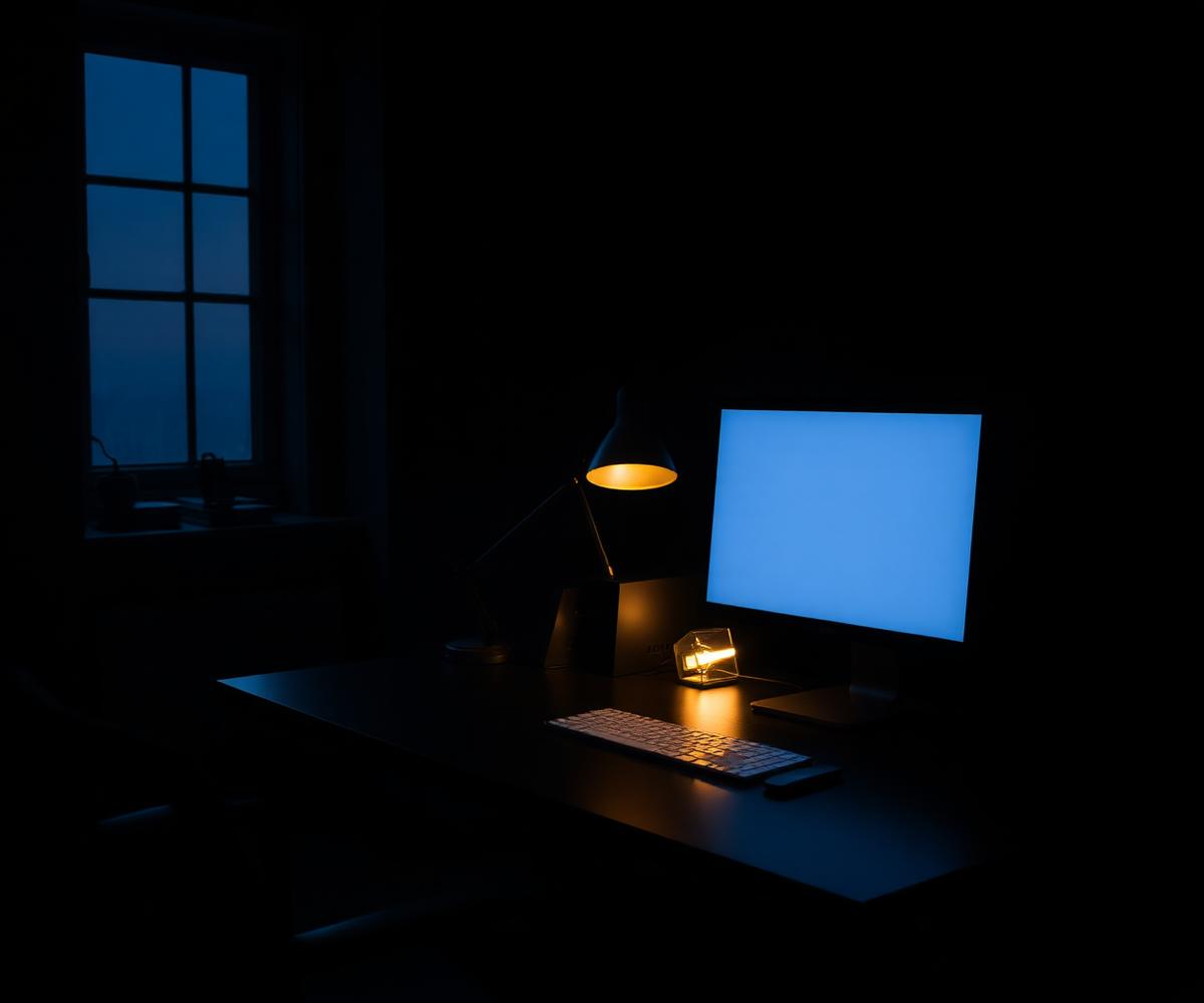 Dark minimal design studio workspace lit by a warm gold desk lamp