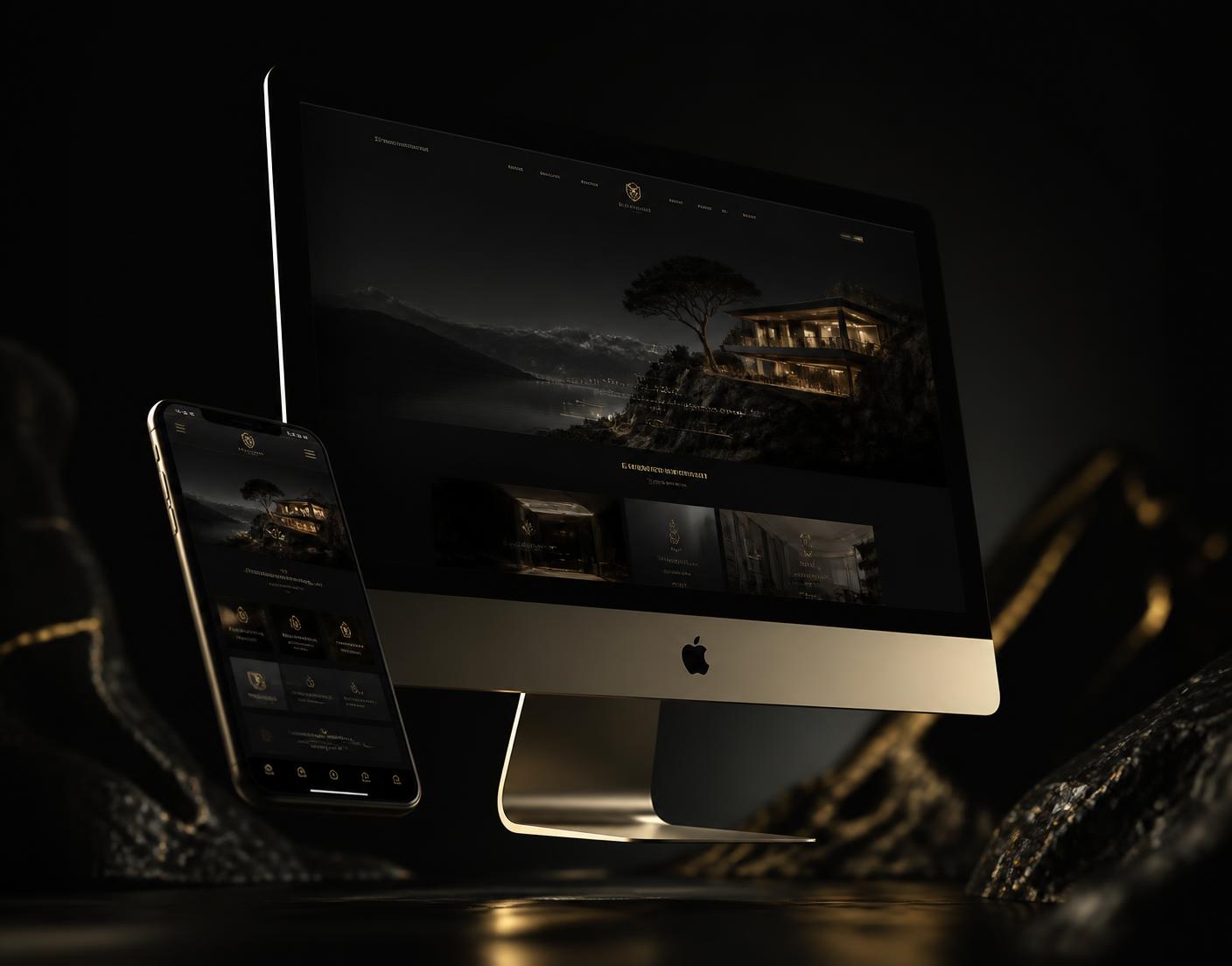 Luxury black and gold website design shown on a desktop display and smartphone